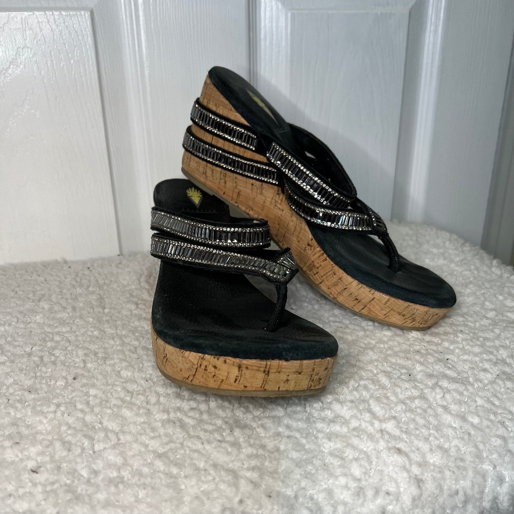 Volatile flip flop heeled wedges with rhinestone detail all around the shoe. wed